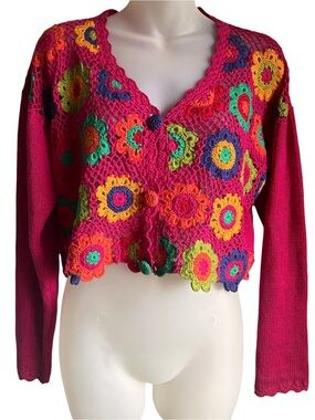 VTG MY Rainbow Granny Square Crochet Cardigan S Festival Boho Cottage Y2K 90s